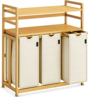 AdelDream Wäschekorb 150 l 3 Fächer 2 Regale ausziehbarer und abnehmbarer Wäschesack, Wäschesammler Bambus Beige