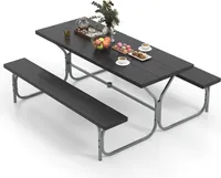 Zestaw namiotów piwnych COSTWAY 183 cm dla 6-8 osób, zestaw do siedzenia z 2 ławkami, odporny na warunki atmosferyczne blat HDPE i otwór na parasol, stolik piwny czarny