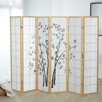 Homestyle4u 394, Paravent Raumteiler 6 Teilig, Holz Natur, Reispapier Weiß Motiv Bambus, Höhe 175 cm