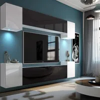 Wohnwand 4WBBW, Front Farbe Weiß/Schwarz Hochglanz mit LED Beleuchtung. Breite 300 cm