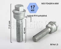Kolový šroub M14x1,5x42 koule R14 pohyblivá, klíč 17, WS17D42R14-MW, výška 71,5 mm