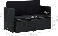 vidaXL Dvoumístná zahradní pohovka s polštáři Black Poly Rattan