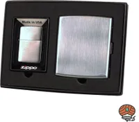 Zippo Geschenk Set Chrome gebürstet + Zigarettenetui mit Messing Bügel