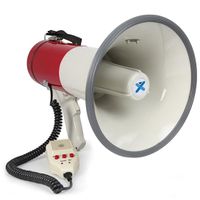 Vexus MEG050 Megafon lautstarkes 50W Megaphone mit Aufnahme-Funktion (Sirene, Mikrofon, Batterie-Betrieb, Trage-Gurt) rot-weiß