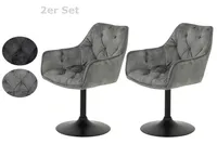 2er Set Sessel, Armlehnen Stuhl Birte - Bezug Samt Grau - Trompetengestell Pulverbeschichtung Schwarz - 120 kg belastbar - 360°drehabr