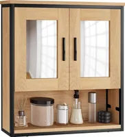 EUGAD Spiegelschrank, Badezimmerschrank hängend, Badschrank mit 2 Spiegeln, Badspiegelschrank mit 3 Ablagen 2 Türen, helle Eiche schwarz