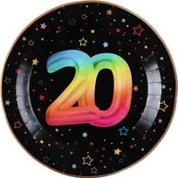 6 Papp-Teller Geburtstag 20 schwarz bunt