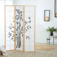 Homestyle4u Paravent Raumteiler 3 teilig Holz Natur Reispapier Weiß Motiv Bambus Höhe 179 cm