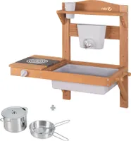 roba Kinder Matschküche zum Hängen - Funktionelle Outdoor Spielküche mit Wasserspender & Zubehör - es Holz - Teakfarben lasiert