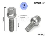 Kolový šroub M12x1,5x28 kulový R13, Audi, Seat, Škoda, VW, klíč 17, S17A28R13F, výška 50 mm