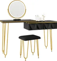 Vicco Schminktisch Bella, 120 cm mit LED Spiegel und Hocker, Schwarz Hochglanz