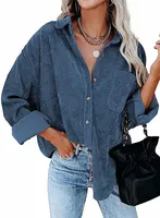 ASKSA Damen Bluse Reverskragen Langarm Cord Herbst Hemdjacke Knöpfen Cardigan Oberteil, Blau, S