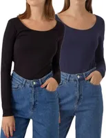 Vero Moda Doppelpack Damen Langarmshirts Basic Slim-Fit Shirt unifarben Rundhals Ausschnitt, VM 908 LS 1xBlack1xNavy-M