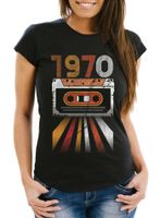 Damen T- Shirt Geburtstag, Retro Aufdruck Kassette Geburtsjahr 1970 bis 1979 lustiges Geschenk für Frauen MoonWorks® 1970 schwarz L