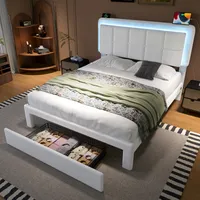 LVHOM Polsterbett 140x200cm mit LED und USB, Doppelbett mit höhenverstellbarem Kopfteil, Jugendbett mit Schublade, Begestell mit Lattenrost, Weiß LVHOM Polsterbett 140x200cm mit LED und USB, Doppelbett mit höhenverstellbarem Kopfteil, Jugendbett mit Schublade, Begestell mit Lattenrost, Weiß