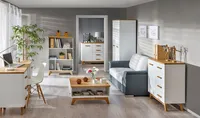 Wohnzimmer-Einrichtung Wohnzimmer Komplett - Set A Panduros, 6-teilig, Farbe: Kiefer Weiß / Eiche Braun