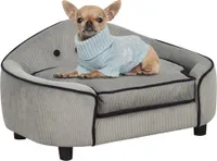 PawHut Pet Sofa, pelíšek pro psy, podložka pro psy, pohovka pro psy, přírodní dřevo + plyš, šedá, 66,5 x 45 x 35,5 cm