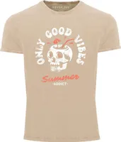 Herren Vintage Shirt Totenkopf Schrift Only Good Vibes Skull Summer Sommer Printshirt Aufdruck Used Look Neverless® natur L