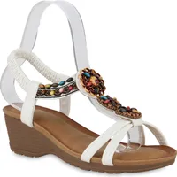 VAN HILL Damen Keilsandaletten Sandaletten Zierperlen Profil-Sohle Schuhe 841244, Farbe: Weiß, Größe: 37