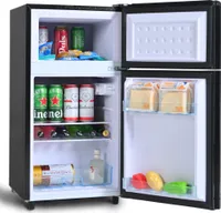 MERAX Table Top Kühlschrank Kühl-/Gefrierkombination BCD-100,Mini-Kühlschrank mit LED und verstellbaren Ablage,Tür mit Glasdekor, 86.5 cm hoch Schwarz