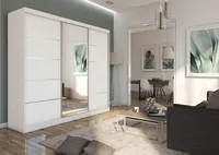 Moderní Šatní Skříň s Posuvnými Dveřmi Šatní Skříň Bílá se Zrcadlem 120 150 180 200 cm - Bílá Matná Šatní Skříň do Ložnice s Posuvnými Dveřmi - Šatní Tyč - 240 cm - Bílá