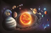 3 D Ansichtskarte Sonnensystem, Postkarte Wackelkarte Hologrammkarte Bild Weltall Planeten Sonne