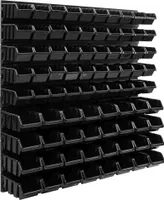 Nástěnná police 77 x 78 cm s 82 ks boxů Černé stohovatelné úložné boxy na displeje