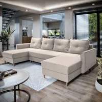 Masseno Ecksofa VERNI mit Schlaffunktion U-Form, Sofa mit Bettkasten, Wohnzimmersofa, Couch, Soffa, Bettsofa, Couchgarnitur- Beige, PAROS 02