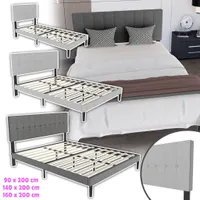Łóżko tapicerowane XMTECH 160 x 200 cm, rama łóżka ze stelażem listwowym, łóżko młodzieżowe, łóżko podwójne z zagłówkiem z tkaniny lnianej, ciemnoszare
