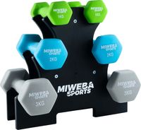 Miweba Sports Premium Neoprenkurzhantel Set mit Hantelablage, 12 kg, (Set, 6-tlg), Anti Rutsch Oberfläche, bodenschonend, Profi Kurzhanteln Hexagon Fitnesshanteln Areobic Gymnastikhanteln (Farbkombi 2)