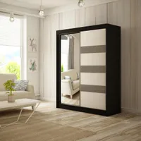 Kleiderschrank Lotus in modernes Stil 2x Schiebtüren 200 cm Garderobenschrank mit Spiegel Schrank mit hochglänzenden Möbelglasstreifen, Breite: 200 cm, Farbe: Schwarz + graues Hochglanz