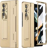 Galaxy Z Fold3 Pouzdro, Ochrana Displeje a Objektivu, Litschi Stojánkové Pouzdro pro Samsung Galaxy Z Fold 3 5G Zlato