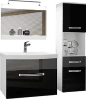BELINI Badmöbel Vollausstattung Set Waschbeckenschrank, Hochschrank, Waschbecken, Spiegel, Lampe (Schwarz/ Silber, Glänzend)