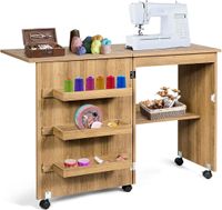 Skládací šicí stůl, skříňka na šití, stůl na šicí stroje s kolečky, víceúčelový stůl do obývacího pokoje, pracovny, ložnice (barva přírodního dřeva)