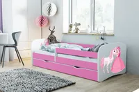 Kinderbett Jugendbett 80x160 cm Rosa mit Matratze Rausfallschutz Schublade und Lattenrost Kinderbetten für Mädchen und Junge - Prinzessin und Pferd