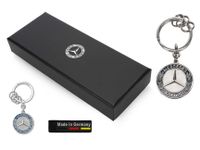 Schlüsselanhänger Stuttgart aus der Mercedes-Benz Klassik-Kollektion im Geschenkkarton, Flachspaltring mit Lasergravur, 3 Minispaltringe, runder Anhänger mit Mercedes-Benz-Markenzeichen, Edelstahl
