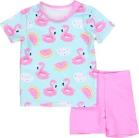 Aquarti Baby Mädchen Zweiteiler Kinder Badeanzug Bade-Set Bade T-Shirt Badehose UV-Schutz, Farbe: Flamingos Hellgrün / Rosa, Größe: 86