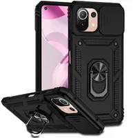 Pouzdro pro Xiaomi Mi 11 Lite 5G dvouvrstvé pouzdro s posuvným krytem kamery a prstencovým stojánkem černé