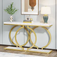 Tribesigns 140 cm Gold Konsolentisch, Moderner Eingangsbereich, Flurtisch mit O-Form goldenen Metallbeinen, Faux Marmor Weiß Holz Sofatisch, Weiß/Gold