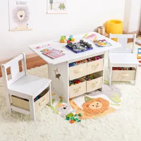 Yorbay Kindertisch mit 2 Stühle, Kindertisch mit Stauraum , 3tlg Kindersitzgruppe, Sitzgruppe für Kinder, Maltisch für Kinderzimmer, Weiß + Beige