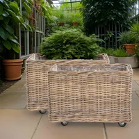 KRINES HOME Großer Pflanzkorb Rattan grau XXL Pflanzkübel Blumentopf mit Rollen Rollkorb Rattankorb (Grau Natur, Rechteckig Klein)