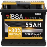 BSA Autobatterie 55Ah 12V Batterie 520AEN +30% Startleistung ersetzt 44Ah 45AH 50AH 52AH 46AH 55AH 47Ah 53AH