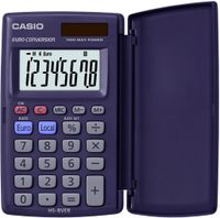 CASIO HS 8VER Vrecková kalkulačka, 8-miestny displej, prevody mien, výpočet percent a odmocniny, nezávislá pamäť, plastový kryt, duálne napájanie