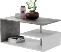MIADOMODO® Couchtisch - 90x50 cm, mit Stauraum, Modern, Eckig, Asymmetrisch, Leicht, Lang, Niedrig, Weiß mit Betonoptik - Wohnzimmertisch, Kaffeetisch