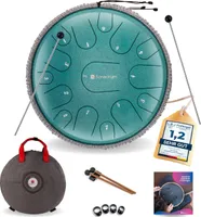 Sonodrum Zungentrommel: C - Dur in Grün - 35 cm mit 15 Tönen, Steel Tongue Drum inkl. Liederbuch, Schlägel, Fingersticks und Tragetasche