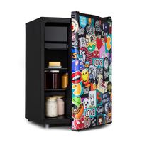 Klarstein Cool Vibe 70+ Kühlschrank ,  , Volumen: 70 Liter , VividArt Concept: Tür mit Stickerbomb-Design Print , Eisfach , Eiswürfelform , Geräuschentwicklung: 42 dB , schwarz
