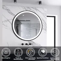 AICA Rund LED Badspiegel 60cm Touch/Wandschalter Beschlagfrei 3 Lichtfarbe+Dimmbar Badezimmerspiegel mit Schwarz Rahmen Wandspiegel IP44