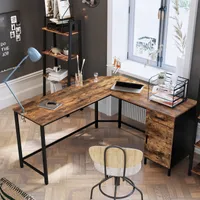 VASAGLE  Schreibtisch, Eckschreibtisch, L-förmiger Schreibtisch, Computertisch, Bürotisch mit Schrank und Schublade, Arbeitszimmer, platzsparend, vintagebraun-schwarz LWD74X