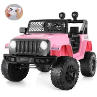 CAROMA 12V Elektro Kinderfahrzeug Kinderauto Jeep mit Tür, 2x Motoren, mit Fernbedienung, LED Lichts, eingebauter Musik, Bluetooth-Verbindung, Rosa