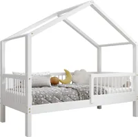 TIMBEE MURLO Hausbett Kinderbett 90x200 cm Weiß mit Rausfallschutz Lattenrost Naturholz Kiefer Holzbett Beinhöhe 23 cm